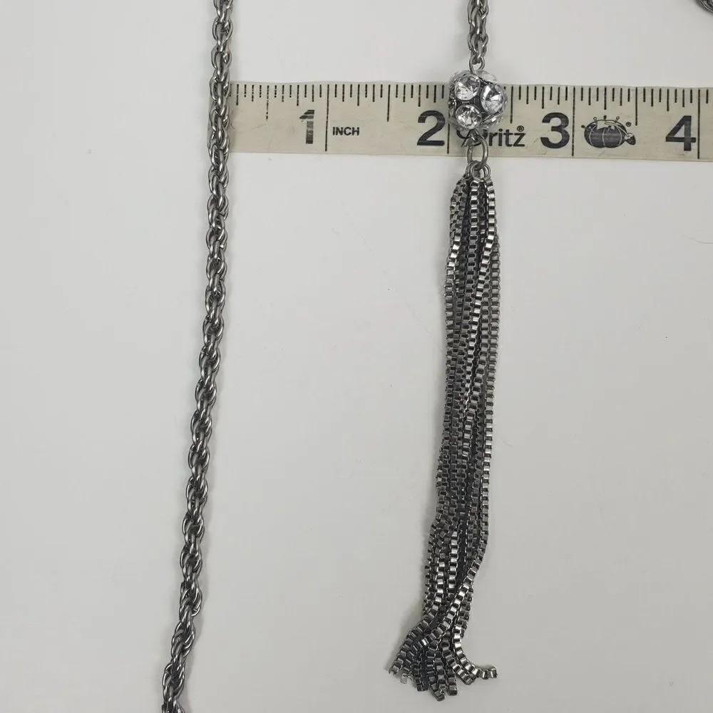 Vintage Silver Tone Rope Chain Box Tassel Round Clear Ball Lariat Opera Necklace